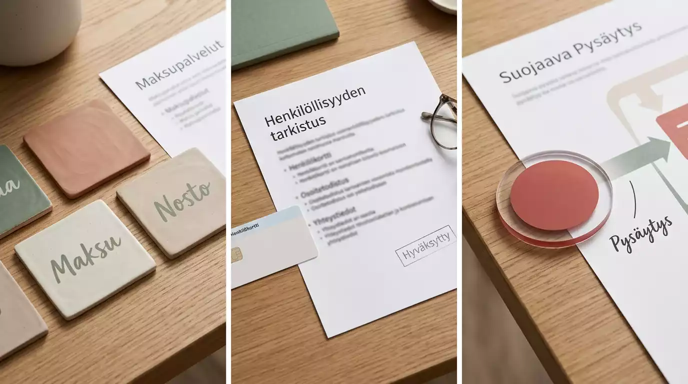 Maksun, kotiutuksen ja mahdollisen maksuliikenne-eston tarkistusvaiheet ilman brändejä
